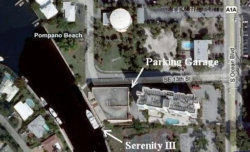 Satellite view showing the Serenity III dock and parking garage in Pompano Beach